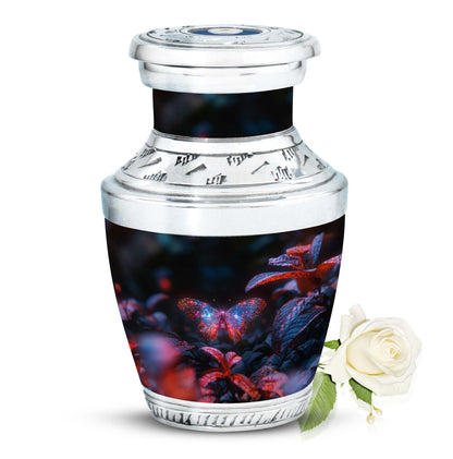 Butterfly Urn for Human Ashes, Sparkly Purple Wings Among Red Leaves, Black Gloss Urn