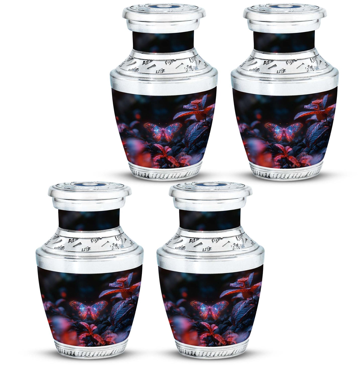 Butterfly Urn for Human Ashes, Sparkly Purple Wings Among Red Leaves, Black Gloss Urn