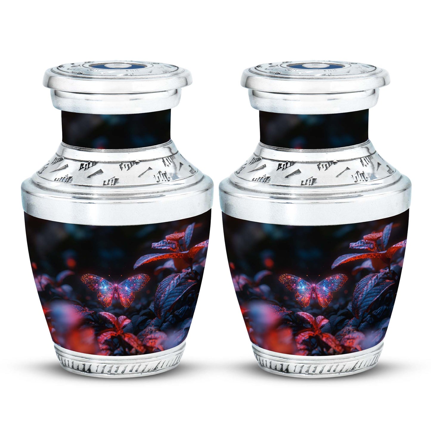 Butterfly Urn for Human Ashes, Sparkly Purple Wings Among Red Leaves, Black Gloss Urn
