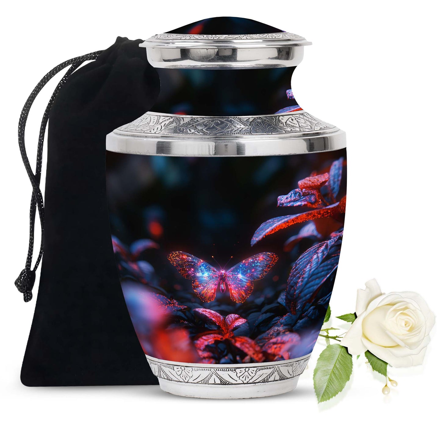 Butterfly Urn for Human Ashes, Sparkly Purple Wings Among Red Leaves, Black Gloss Urn