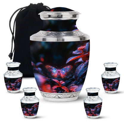 Butterfly Urn for Human Ashes, Sparkly Purple Wings Among Red Leaves, Black Gloss Urn
