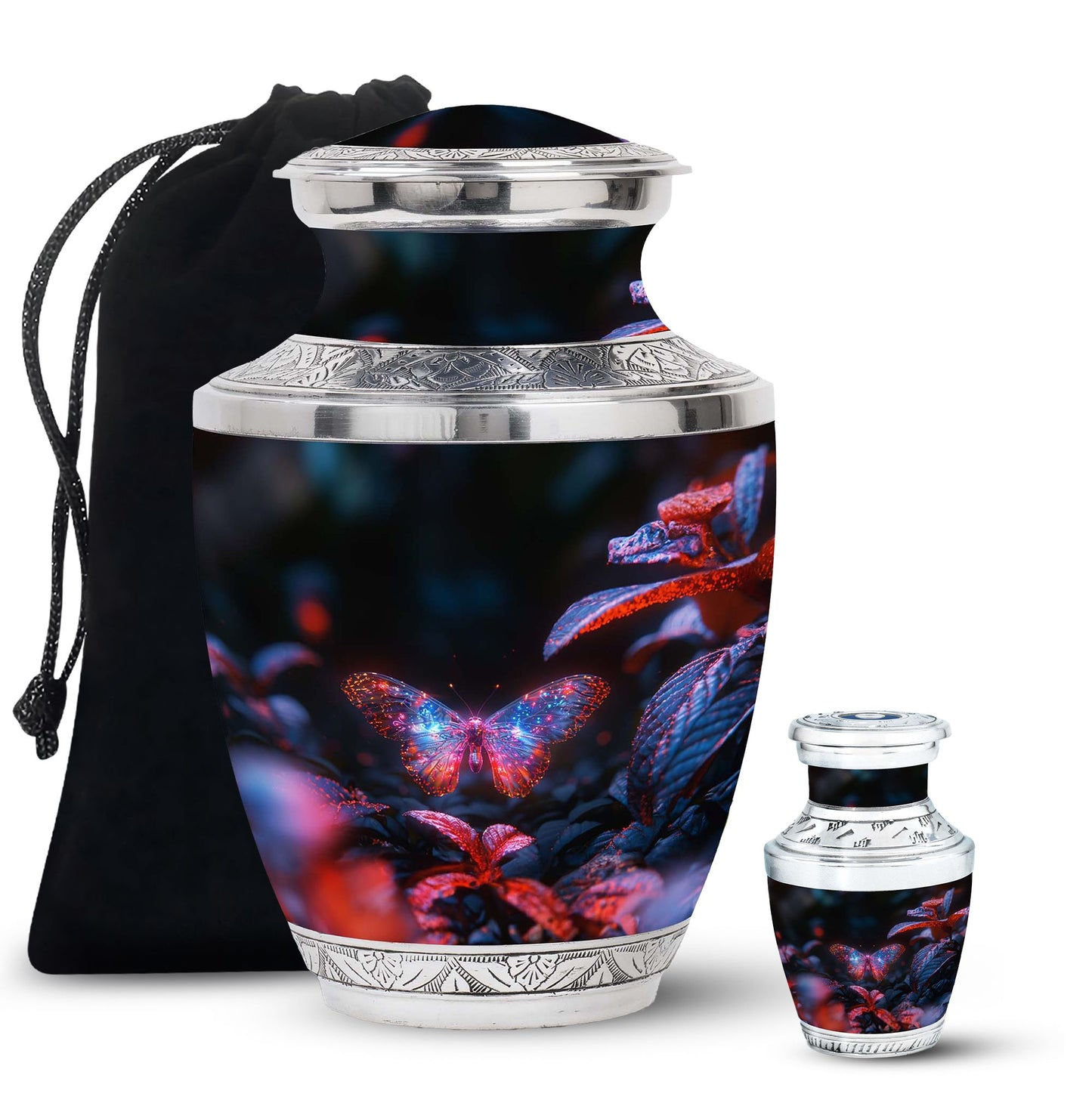 Butterfly Urn for Human Ashes, Sparkly Purple Wings Among Red Leaves, Black Gloss Urn