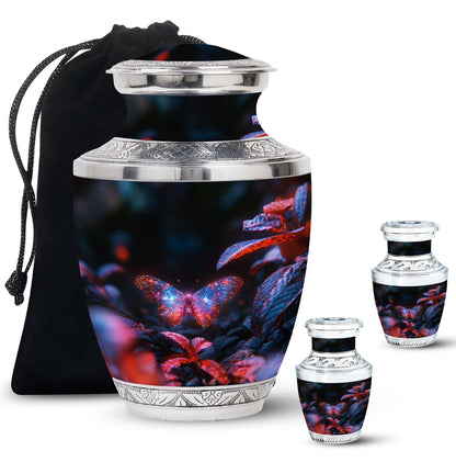 Butterfly Urn for Human Ashes, Sparkly Purple Wings Among Red Leaves, Black Gloss Urn