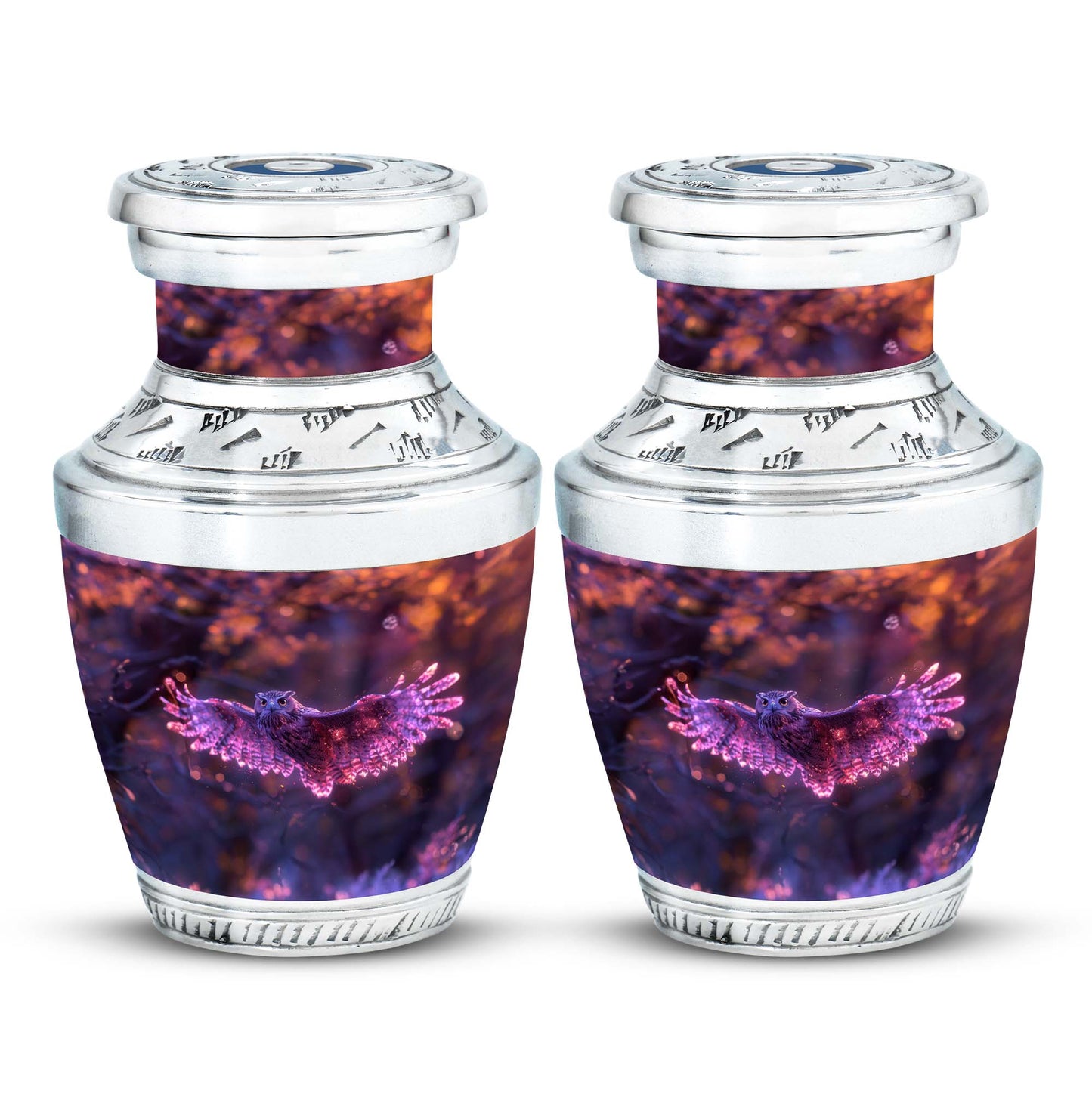 Owl Urn for Human Ashes, With Spread Purple Glowing Wings, Cremation Urn