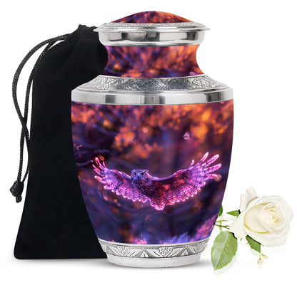 Owl Urn for Human Ashes, With Spread Purple Glowing Wings, Cremation Urn