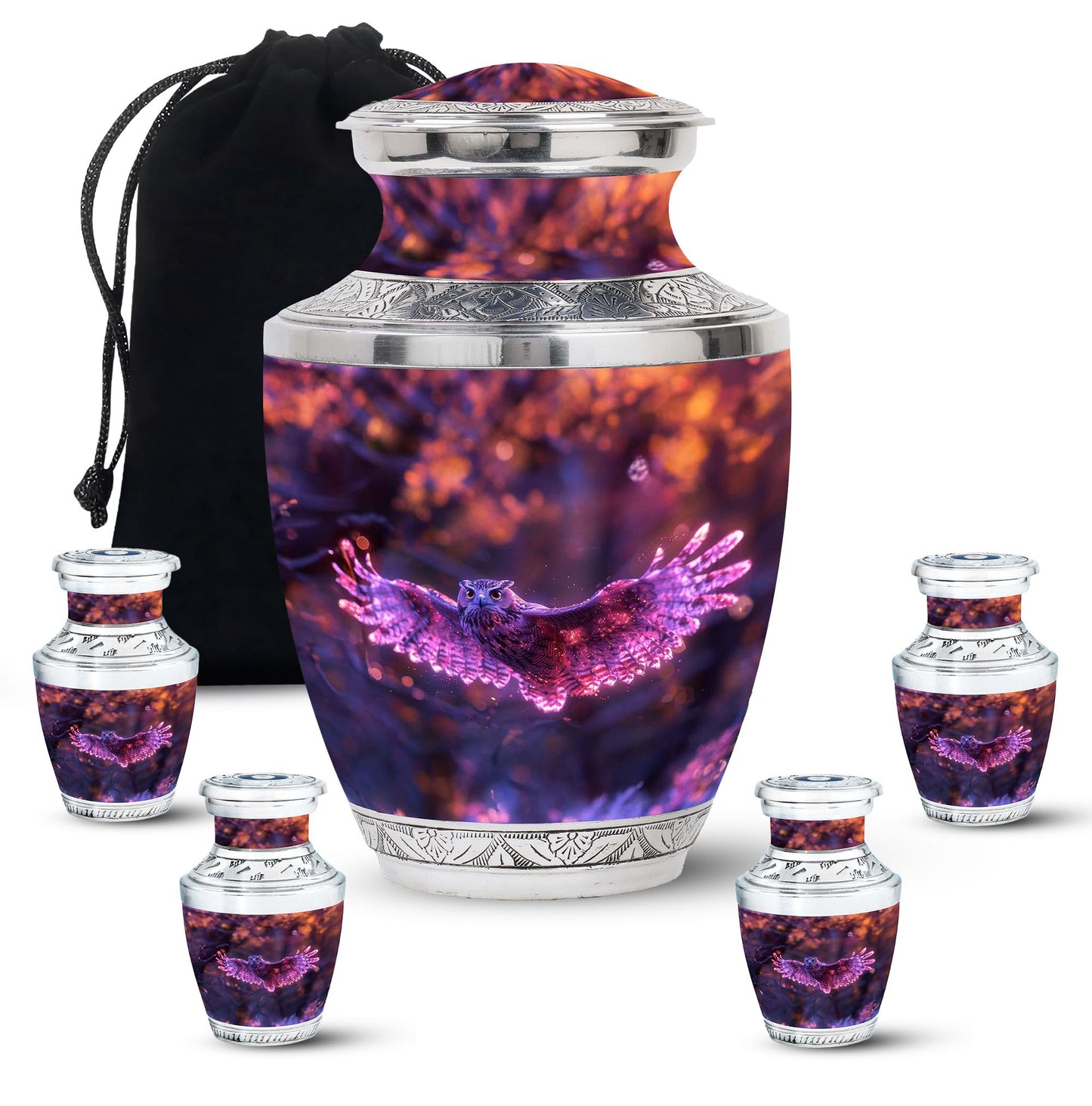 Owl Urn for Human Ashes, With Spread Purple Glowing Wings, Cremation Urn