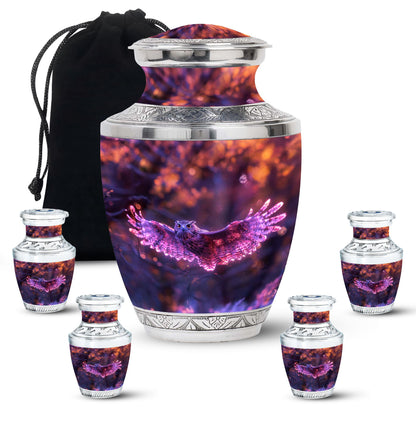 Owl Urn for Human Ashes, With Spread Purple Glowing Wings, Cremation Urn