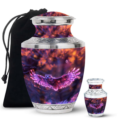 Owl Urn for Human Ashes, With Spread Purple Glowing Wings, Cremation Urn