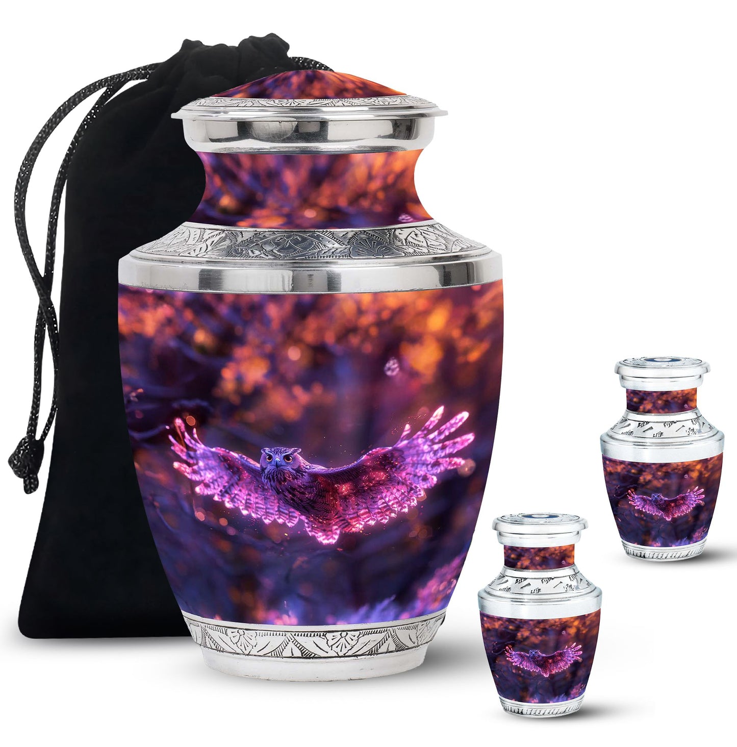 Owl Urn for Human Ashes, With Spread Purple Glowing Wings, Cremation Urn