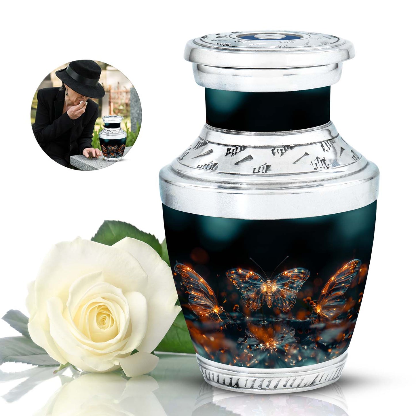 Butterfly Urn for Human Ashes, Glowing Gold Wings with Sparkle Particles, Black Gloss Urn