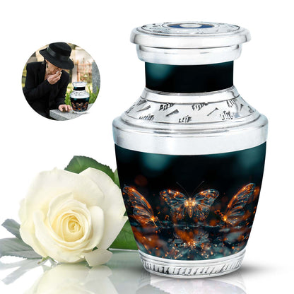 Butterfly Urn for Human Ashes, Glowing Gold Wings with Sparkle Particles, Black Gloss Urn