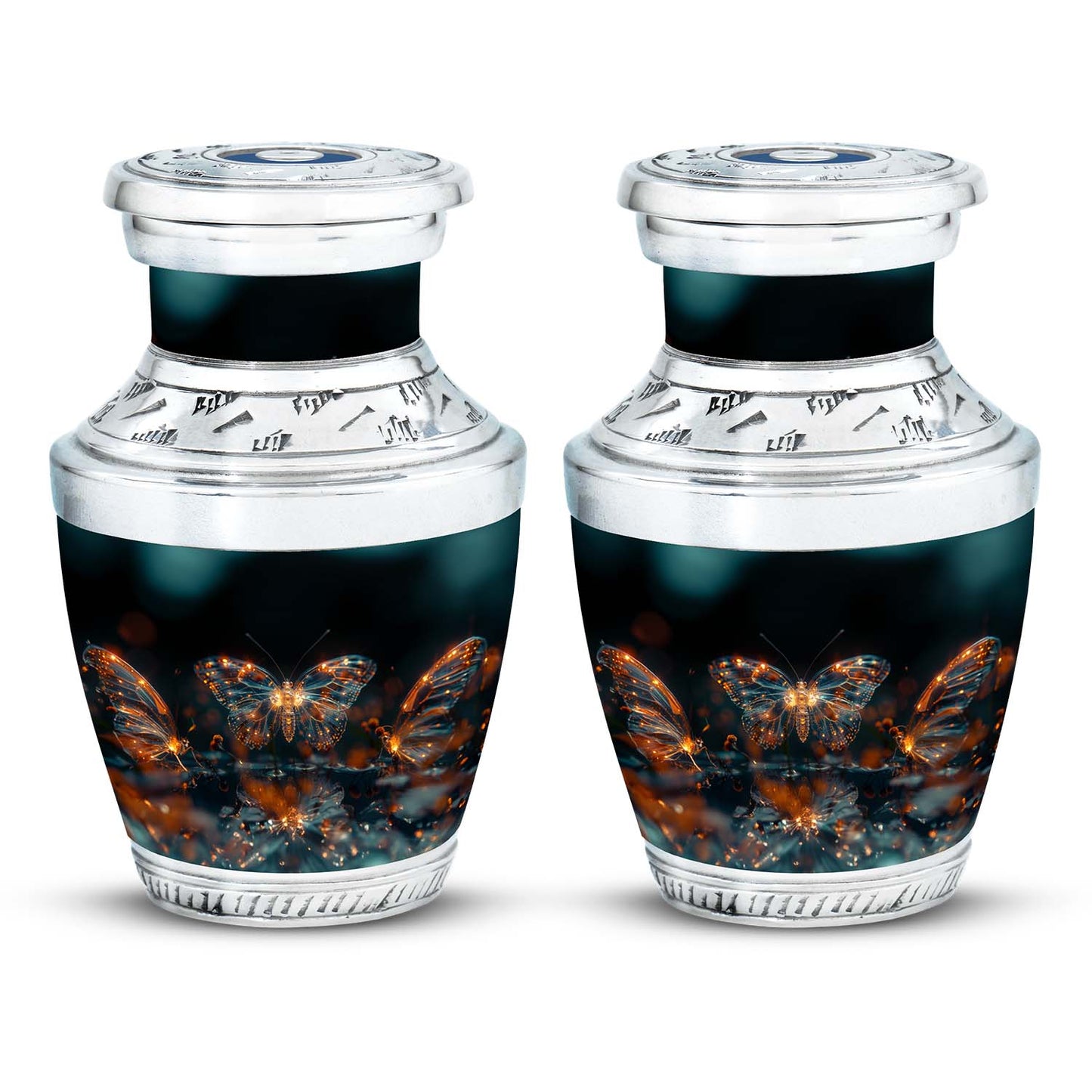 Butterfly Urn for Human Ashes, Glowing Gold Wings with Sparkle Particles, Black Gloss Urn
