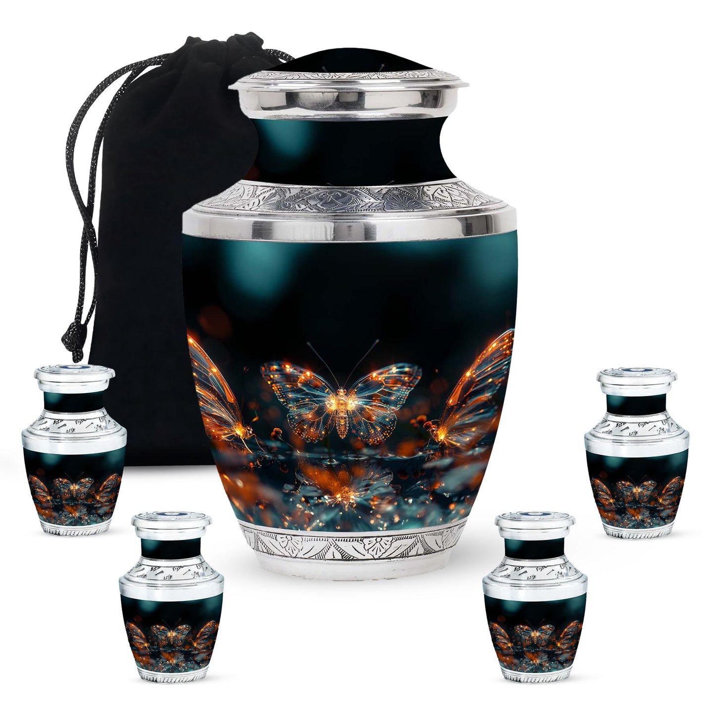 Butterfly Urn for Human Ashes, Glowing Gold Wings with Sparkle Particles, Black Gloss Urn