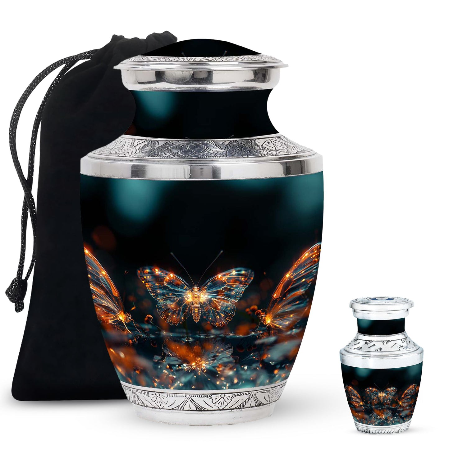 Butterfly Urn for Human Ashes, Glowing Gold Wings with Sparkle Particles, Black Gloss Urn