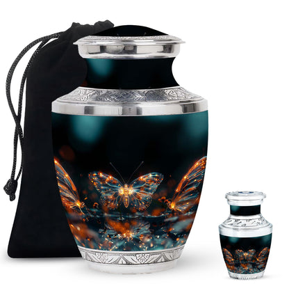 Butterfly Urn for Human Ashes, Glowing Gold Wings with Sparkle Particles, Black Gloss Urn