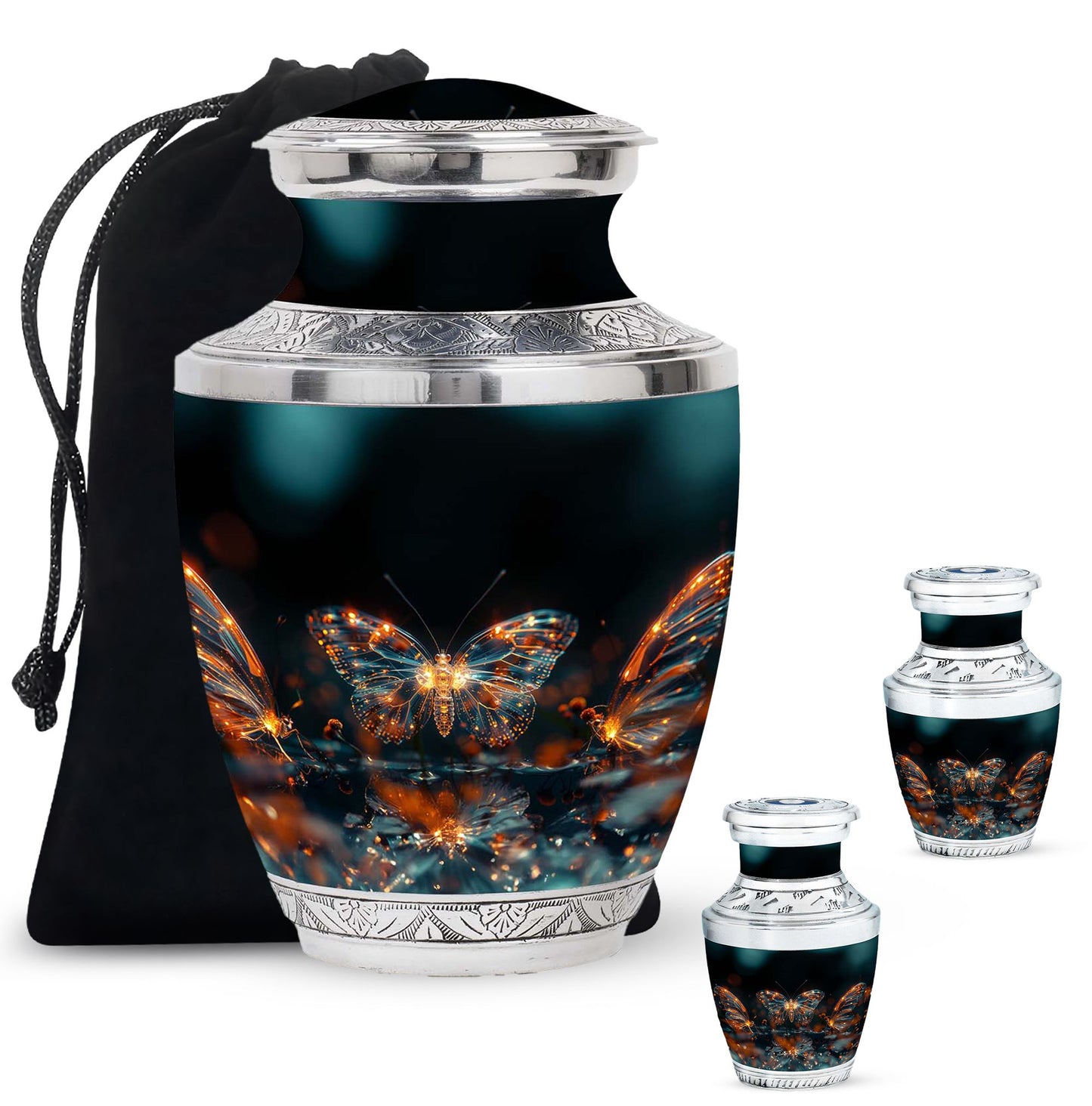 Butterfly Urn for Human Ashes, Glowing Gold Wings with Sparkle Particles, Black Gloss Urn