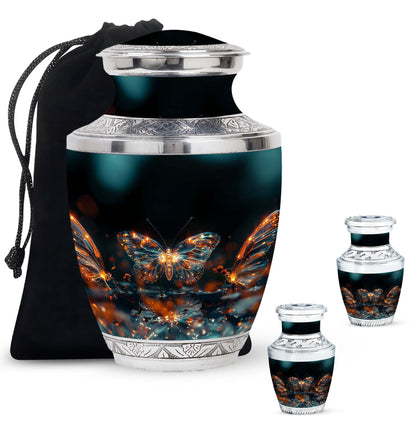 Butterfly Urn for Human Ashes, Glowing Gold Wings with Sparkle Particles, Black Gloss Urn