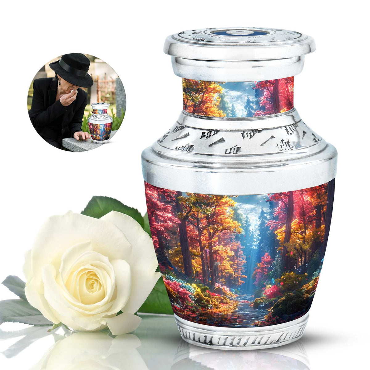 Forest Urn for Human Ashes, Colorful Autumn Path Through Trees, Cremation Urn