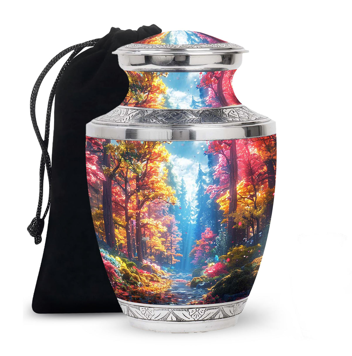 Forest Urn for Human Ashes, Colorful Autumn Path Through Trees, Cremation Urn