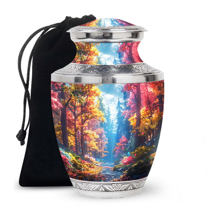 Forest Urn for Human Ashes, Colorful Autumn Path Through Trees, Cremation Urn
