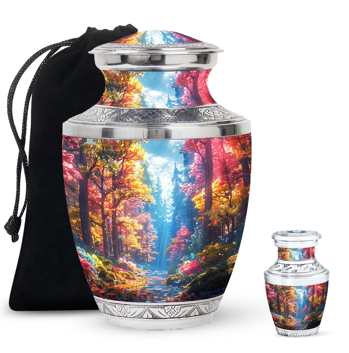 Forest Urn for Human Ashes, Colorful Autumn Path Through Trees, Cremation Urn