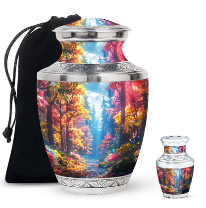 Forest Urn for Human Ashes, Colorful Autumn Path Through Trees, Cremation Urn