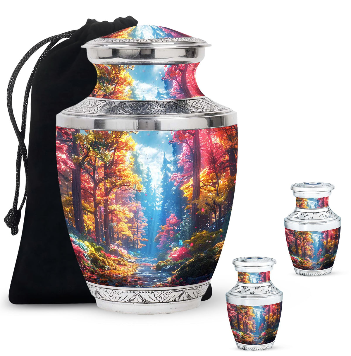 Forest Urn for Human Ashes, Colorful Autumn Path Through Trees, Cremation Urn