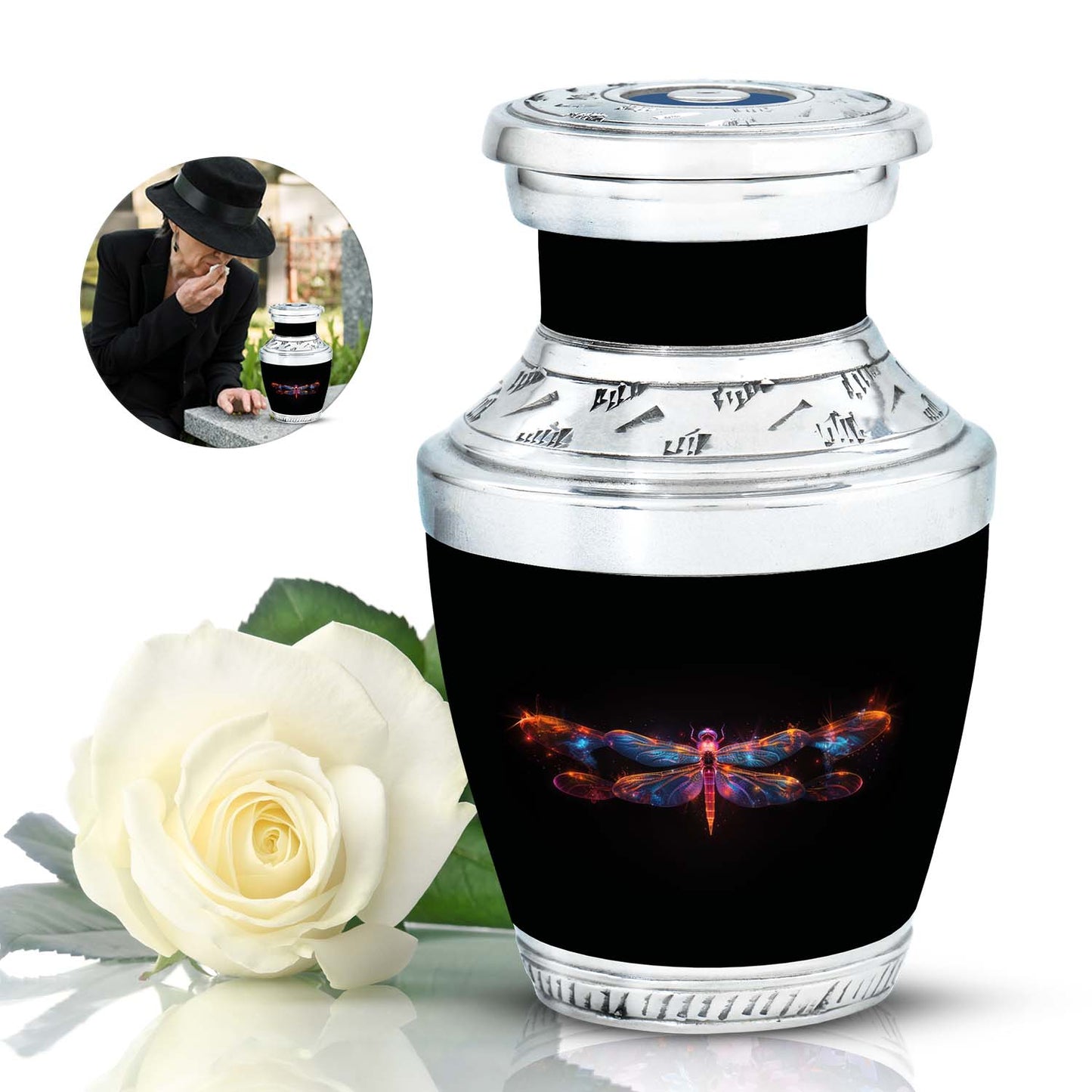 Black Personalized Dragonfly Cremation Urn for Women - 10-inch, 200 cu in - Yatskia