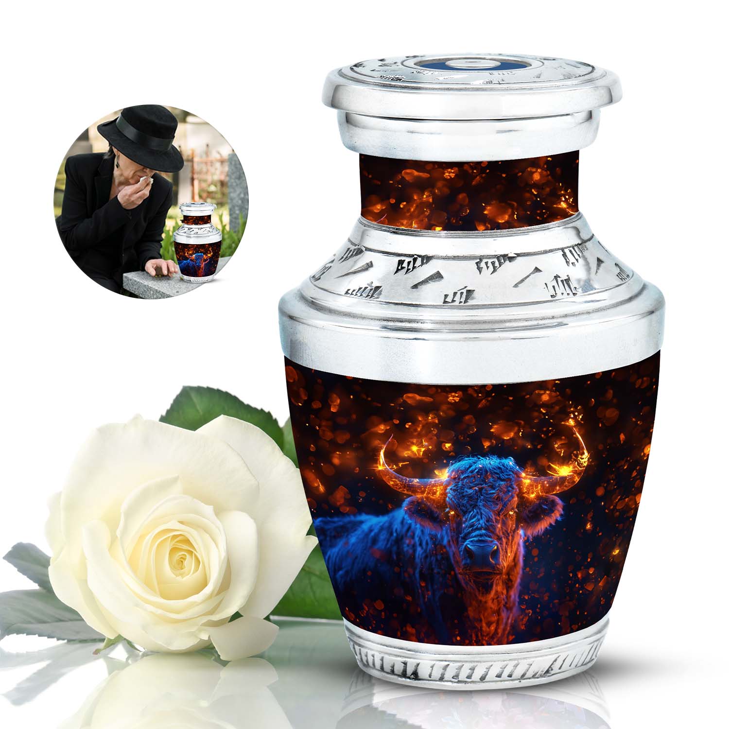 Fiery Horn Bull Memorial Urn For Ashes - Bull Cremation Ashes Urns