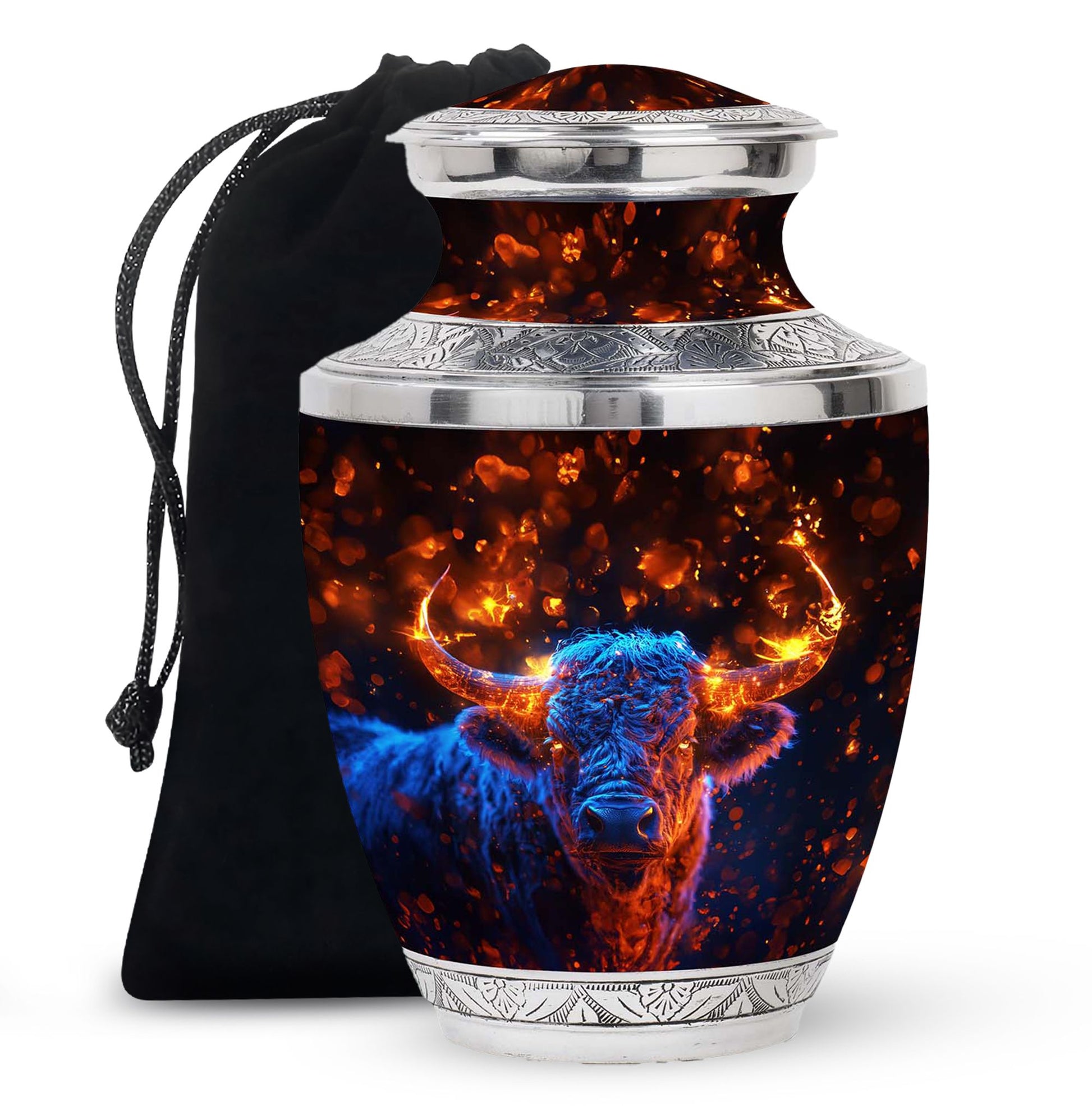 Fiery Horn Bull Memorial Urn For Ashes - Bull Cremation Ashes Urns