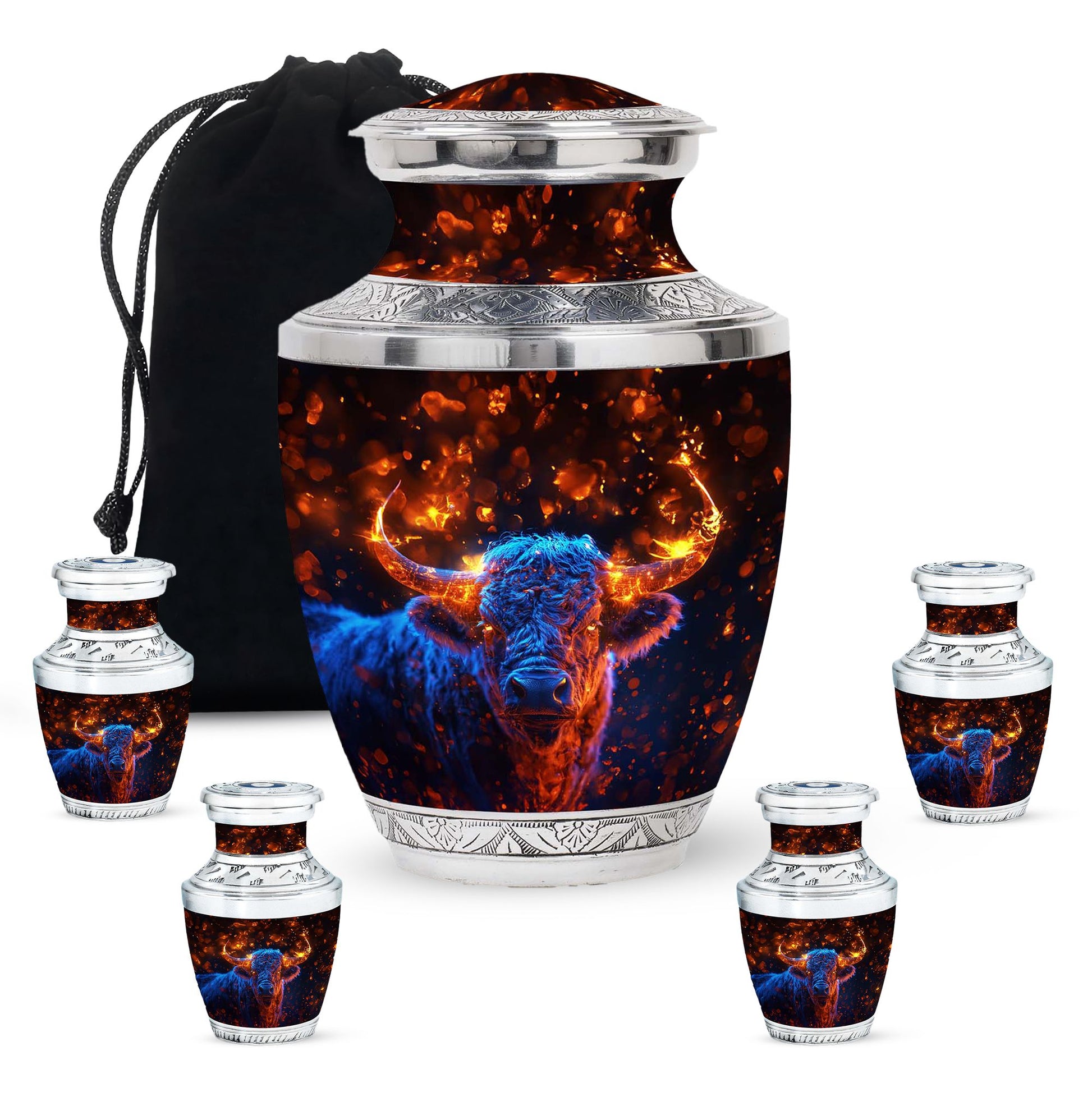 Fiery Horn Bull Memorial Urn For Ashes - Bull Cremation Ashes Urns