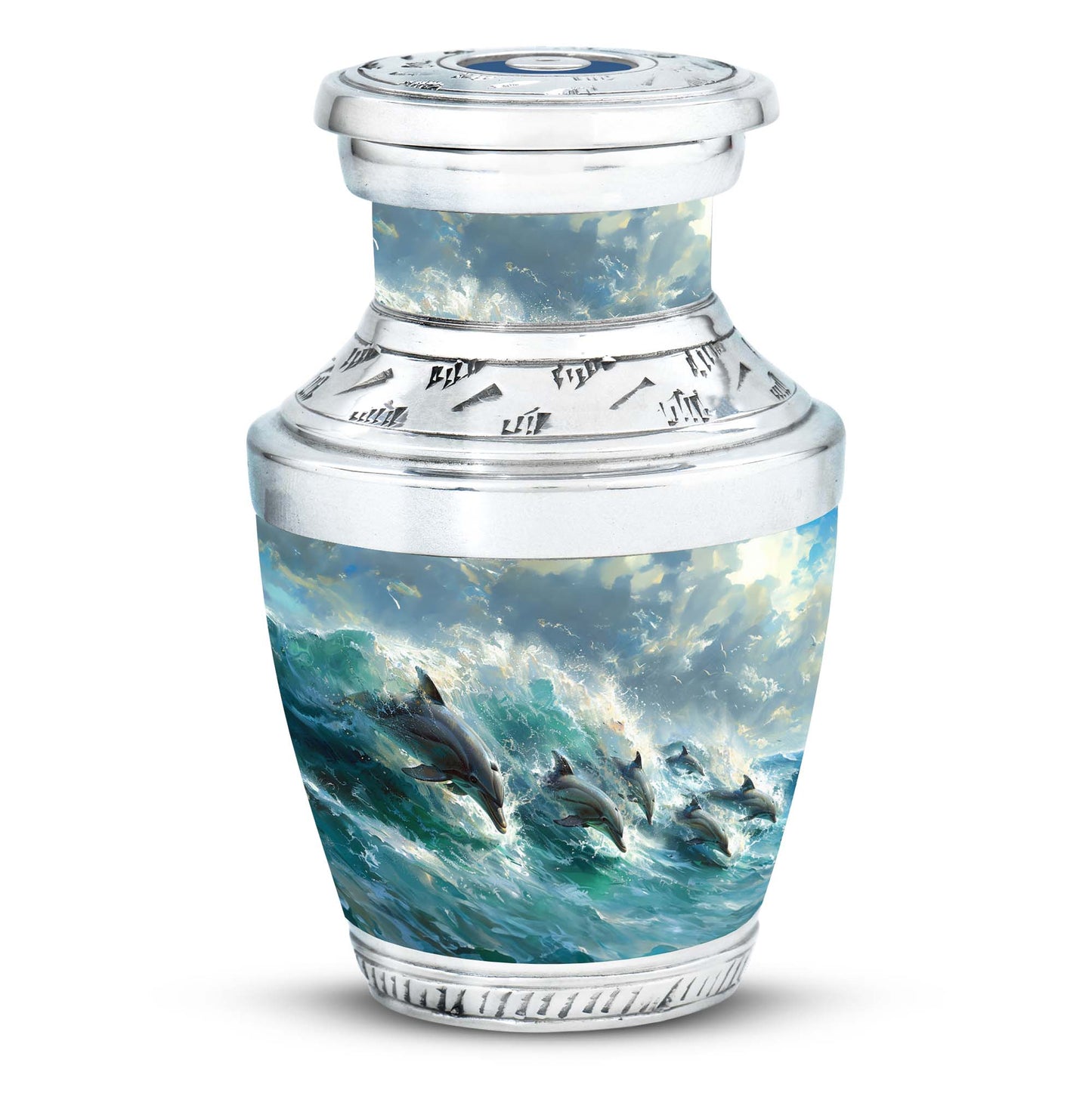 Dolphin Urn for Ashes with Dolphins Jumping Through Ocean Spray, Blue Grey Memorial Urn