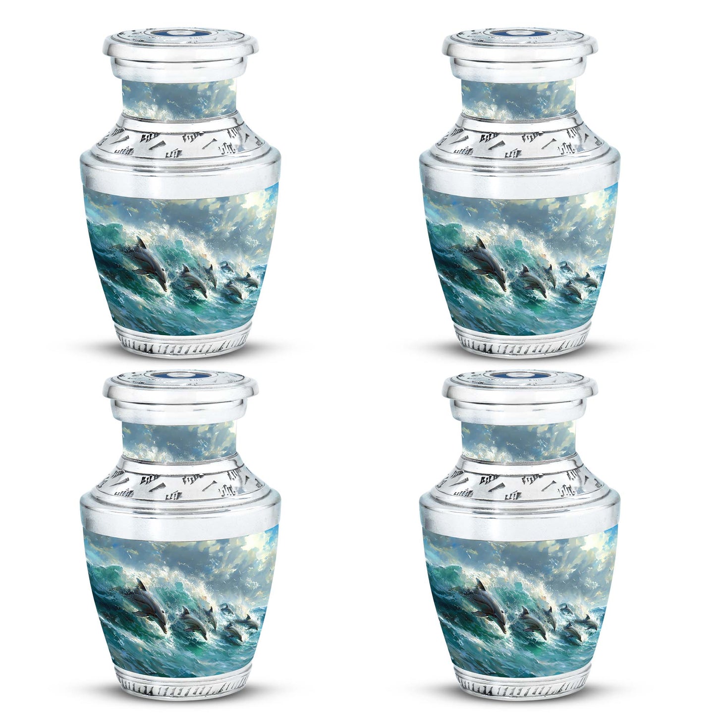 Dolphin Urn for Ashes with Dolphins Jumping Through Ocean Spray, Blue Grey Memorial Urn