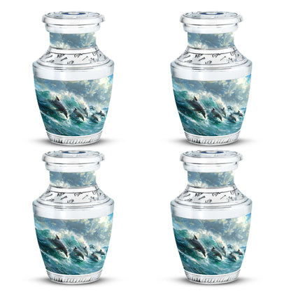 Dolphin Urn for Ashes with Dolphins Jumping Through Ocean Spray, Blue Grey Memorial Urn