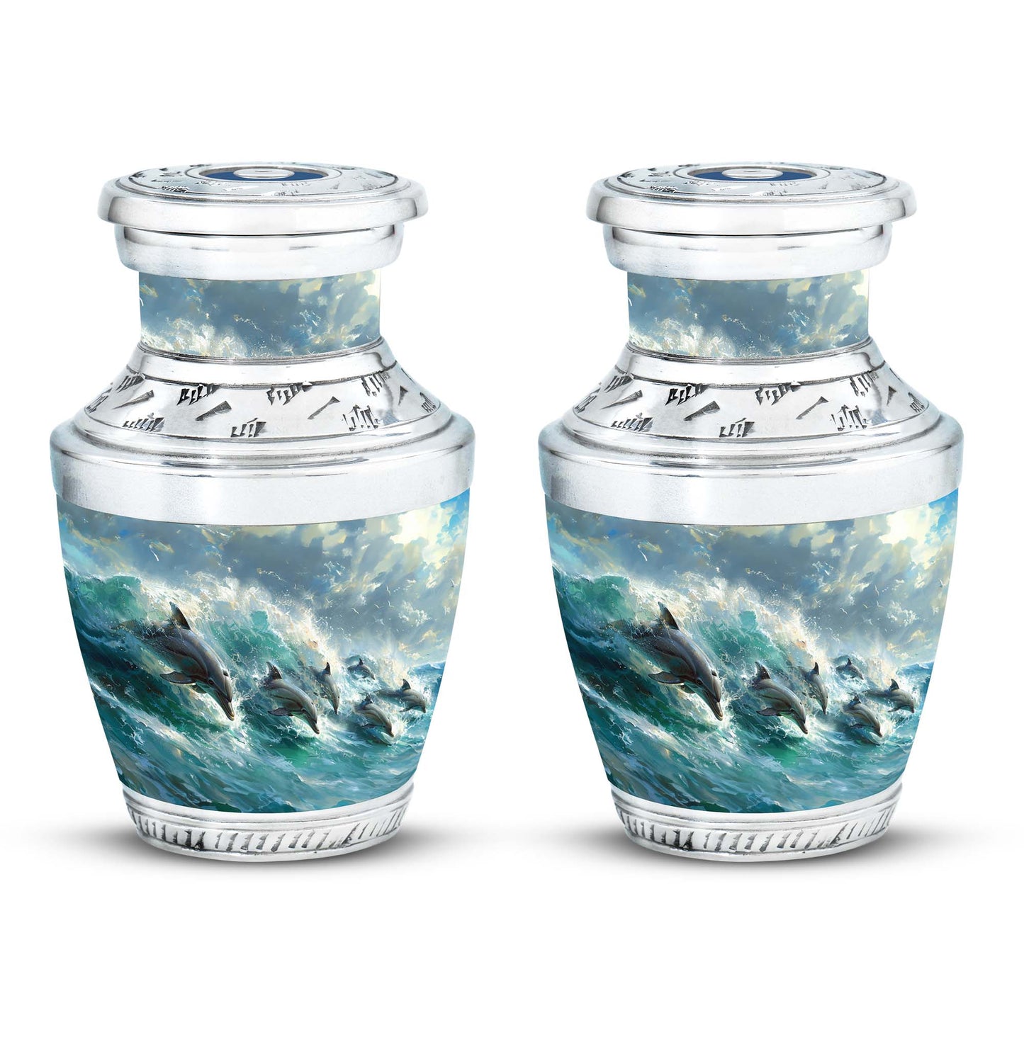Dolphin Urn for Ashes with Dolphins Jumping Through Ocean Spray, Blue Grey Memorial Urn