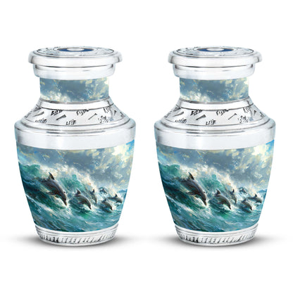 Dolphin Urn for Ashes with Dolphins Jumping Through Ocean Spray, Blue Grey Memorial Urn