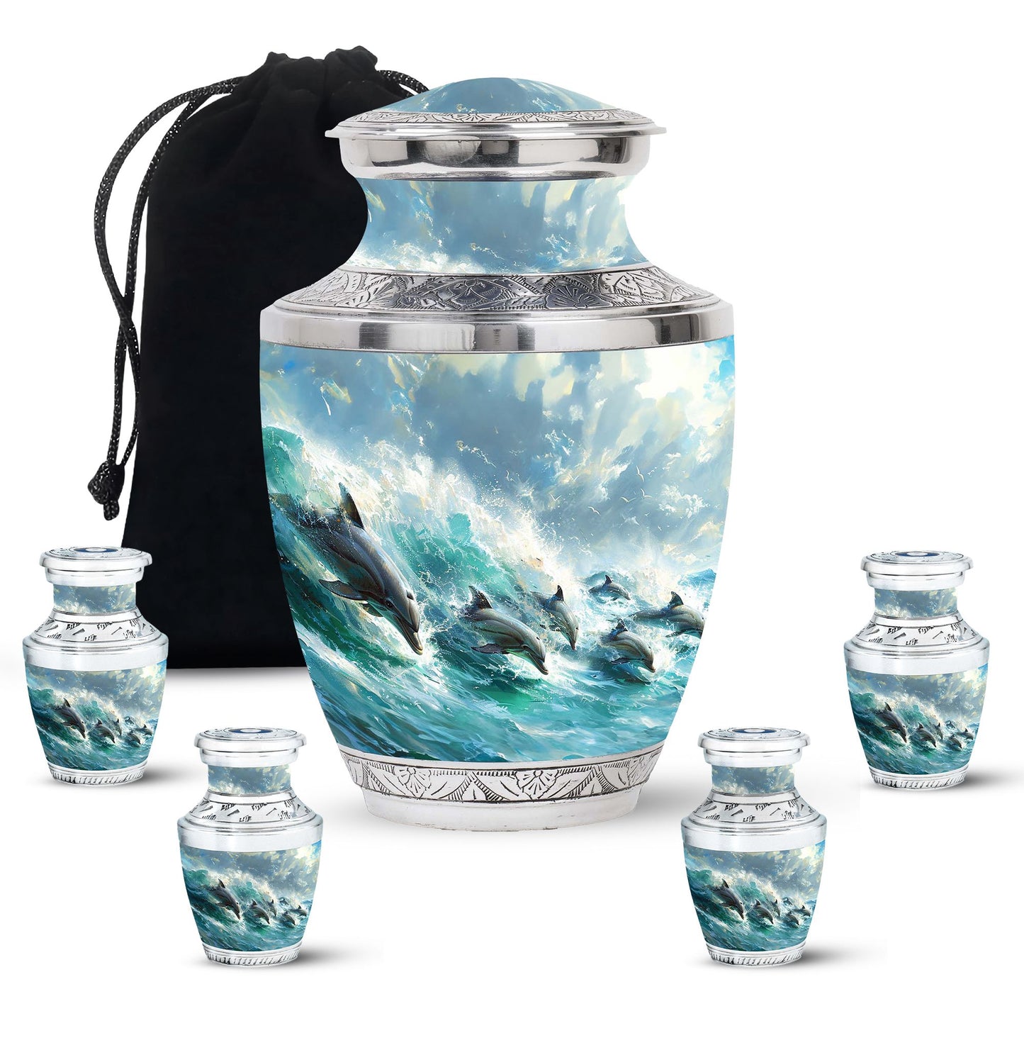 Dolphin Urn for Ashes with Dolphins Jumping Through Ocean Spray, Blue Grey Memorial Urn