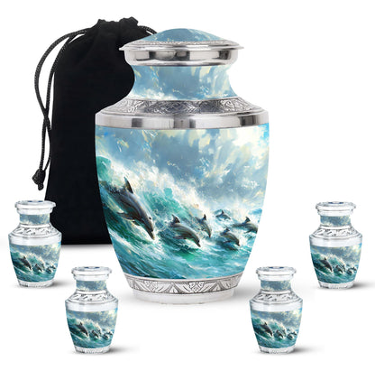Dolphin Urn for Ashes with Dolphins Jumping Through Ocean Spray, Blue Grey Memorial Urn