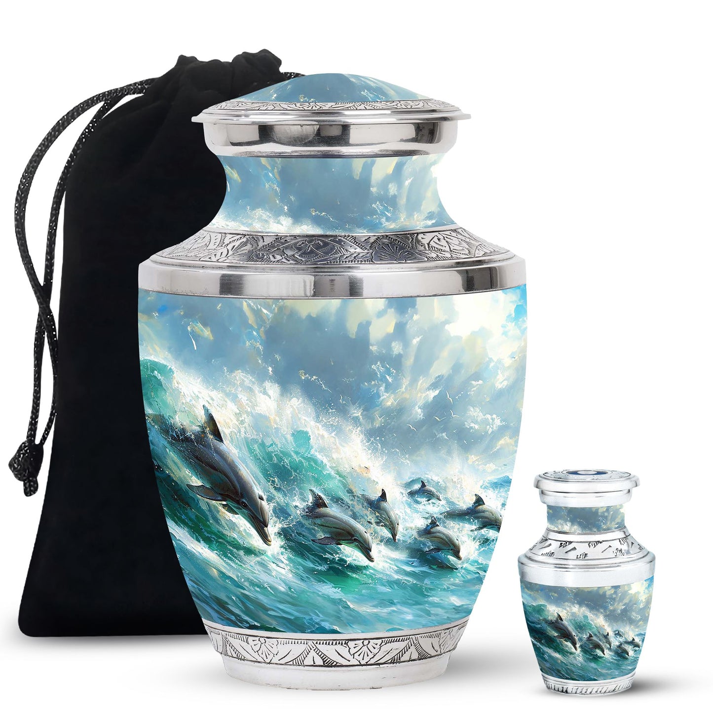 Dolphin Urn for Ashes with Dolphins Jumping Through Ocean Spray, Blue Grey Memorial Urn