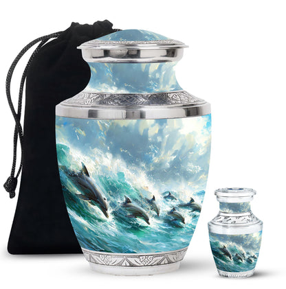 Dolphin Urn for Ashes with Dolphins Jumping Through Ocean Spray, Blue Grey Memorial Urn