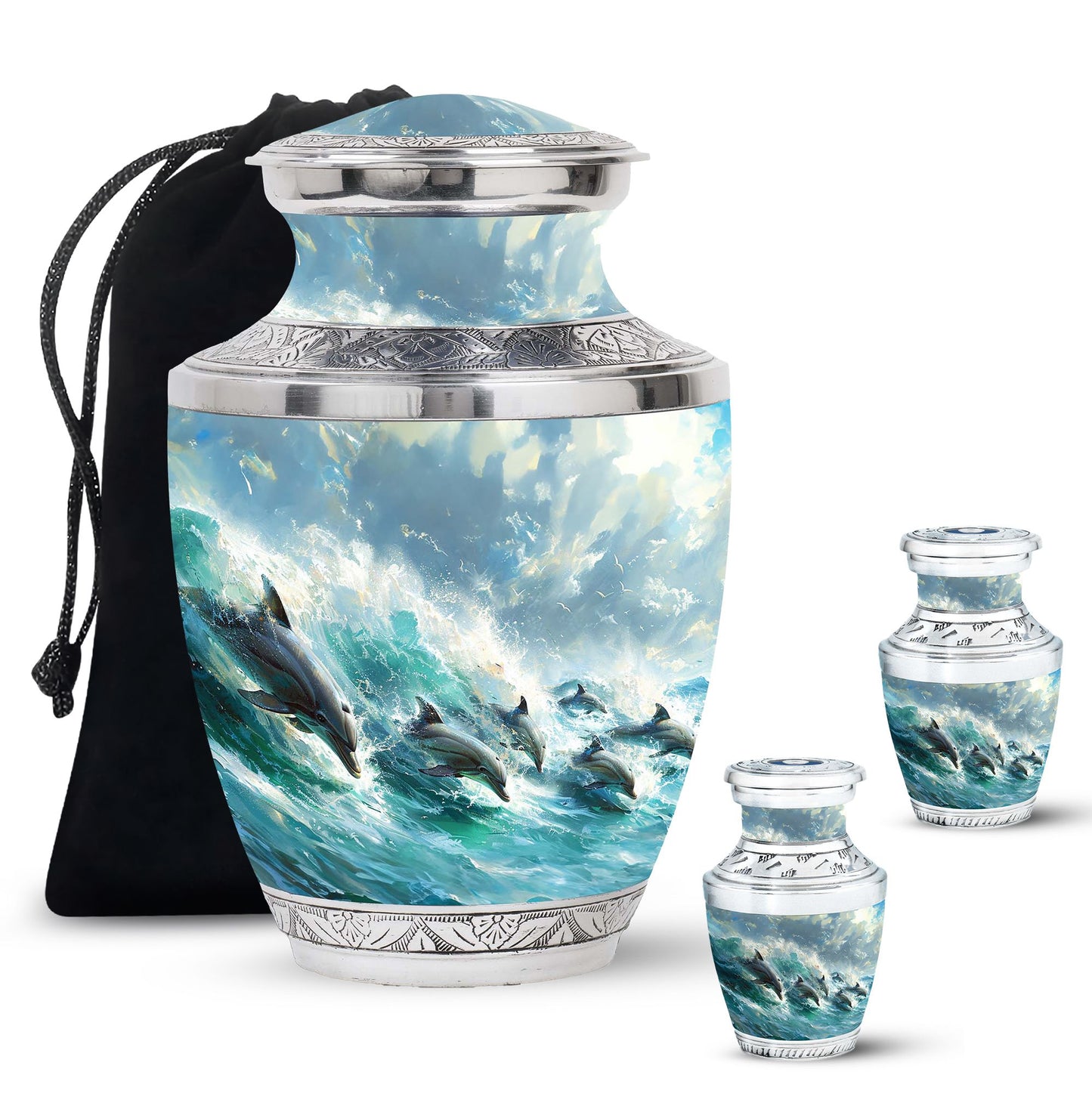 Dolphin Urn for Ashes with Dolphins Jumping Through Ocean Spray, Blue Grey Memorial Urn