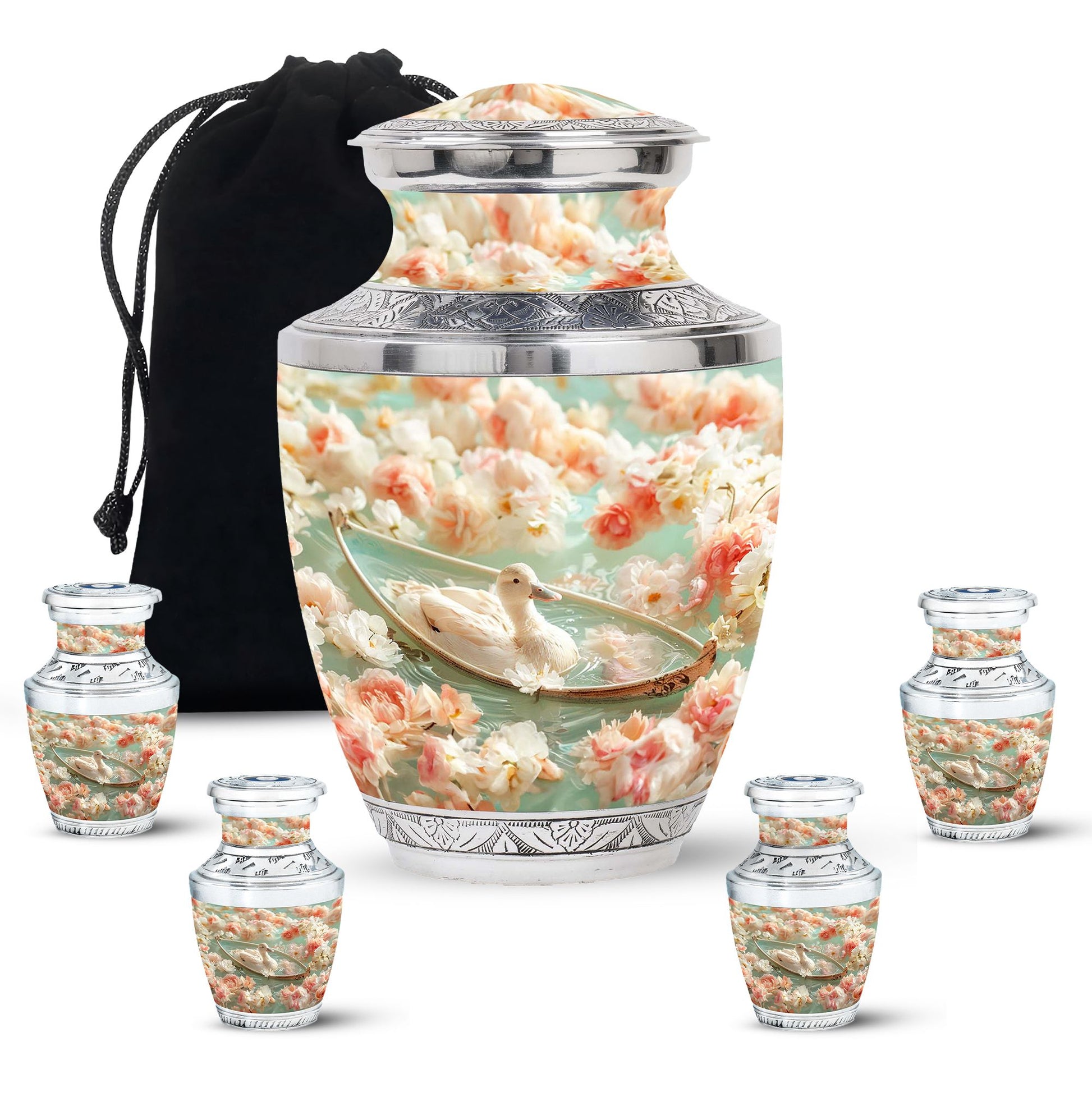 White Duck Funeral Urn - Mesmerizing Lotus Floral Urn For Ashes