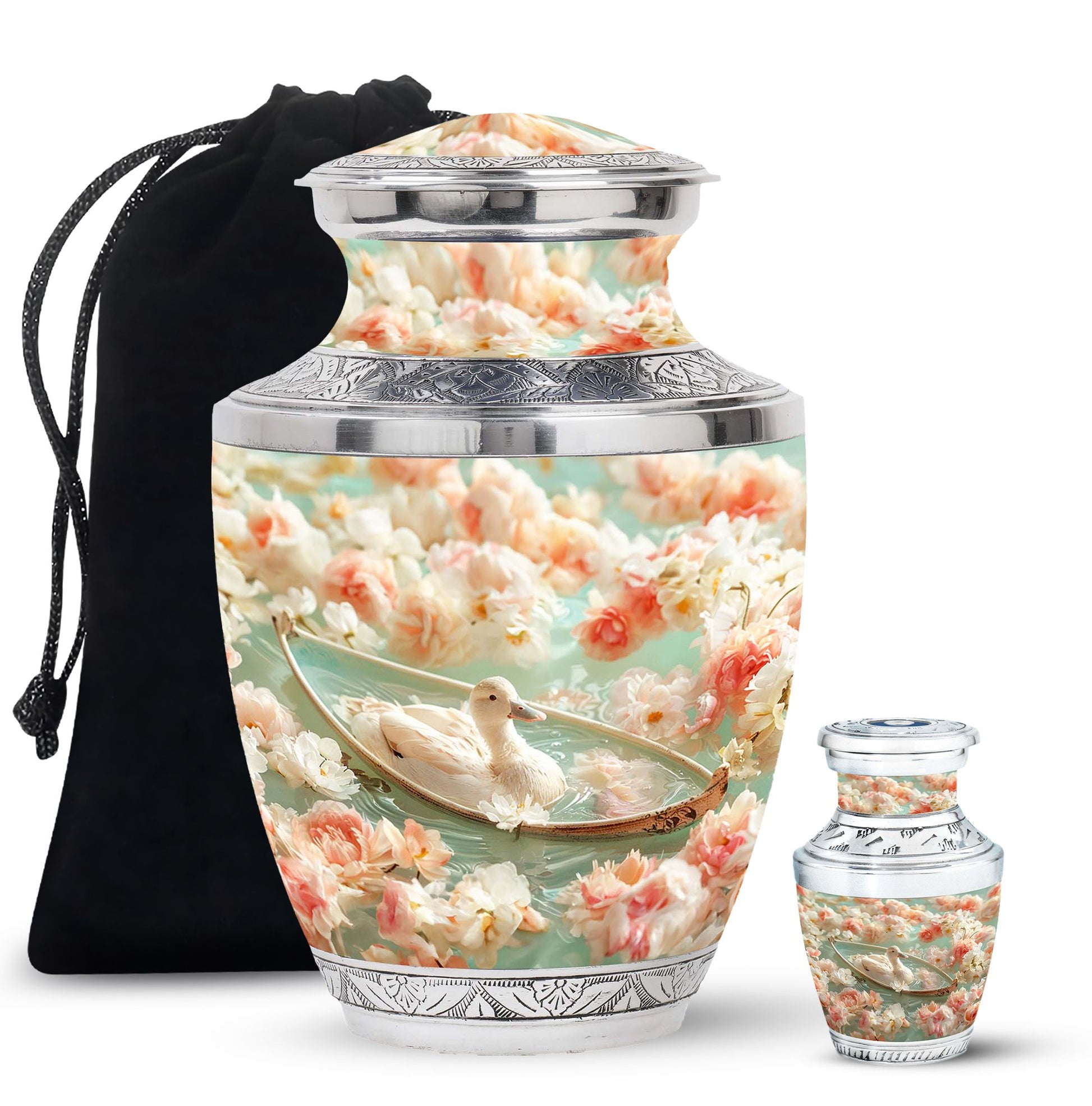 White Duck Funeral Urn - Mesmerizing Lotus Floral Urn For Ashes