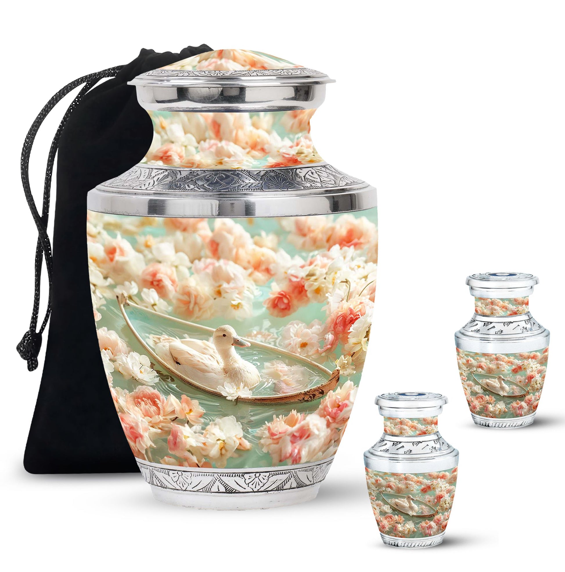 White Duck Funeral Urn - Mesmerizing Lotus Floral Urn For Ashes