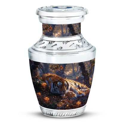 Tiger Urn for Human Ashes, Resting in Glowing Forest Flowers, Cremation Urn