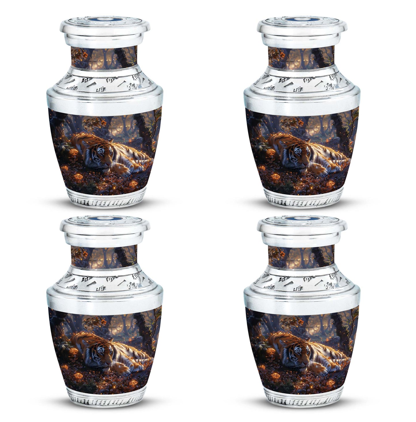 Tiger Urn for Human Ashes, Resting in Glowing Forest Flowers, Cremation Urn
