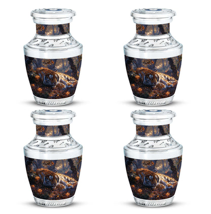 Tiger Urn for Human Ashes, Resting in Glowing Forest Flowers, Cremation Urn