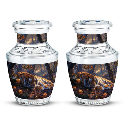Tiger Urn for Human Ashes, Resting in Glowing Forest Flowers, Cremation Urn