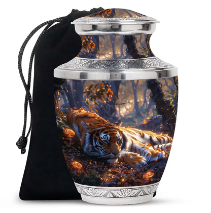Tiger Urn for Human Ashes, Resting in Glowing Forest Flowers, Cremation Urn