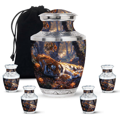Tiger Urn for Human Ashes, Resting in Glowing Forest Flowers, Cremation Urn